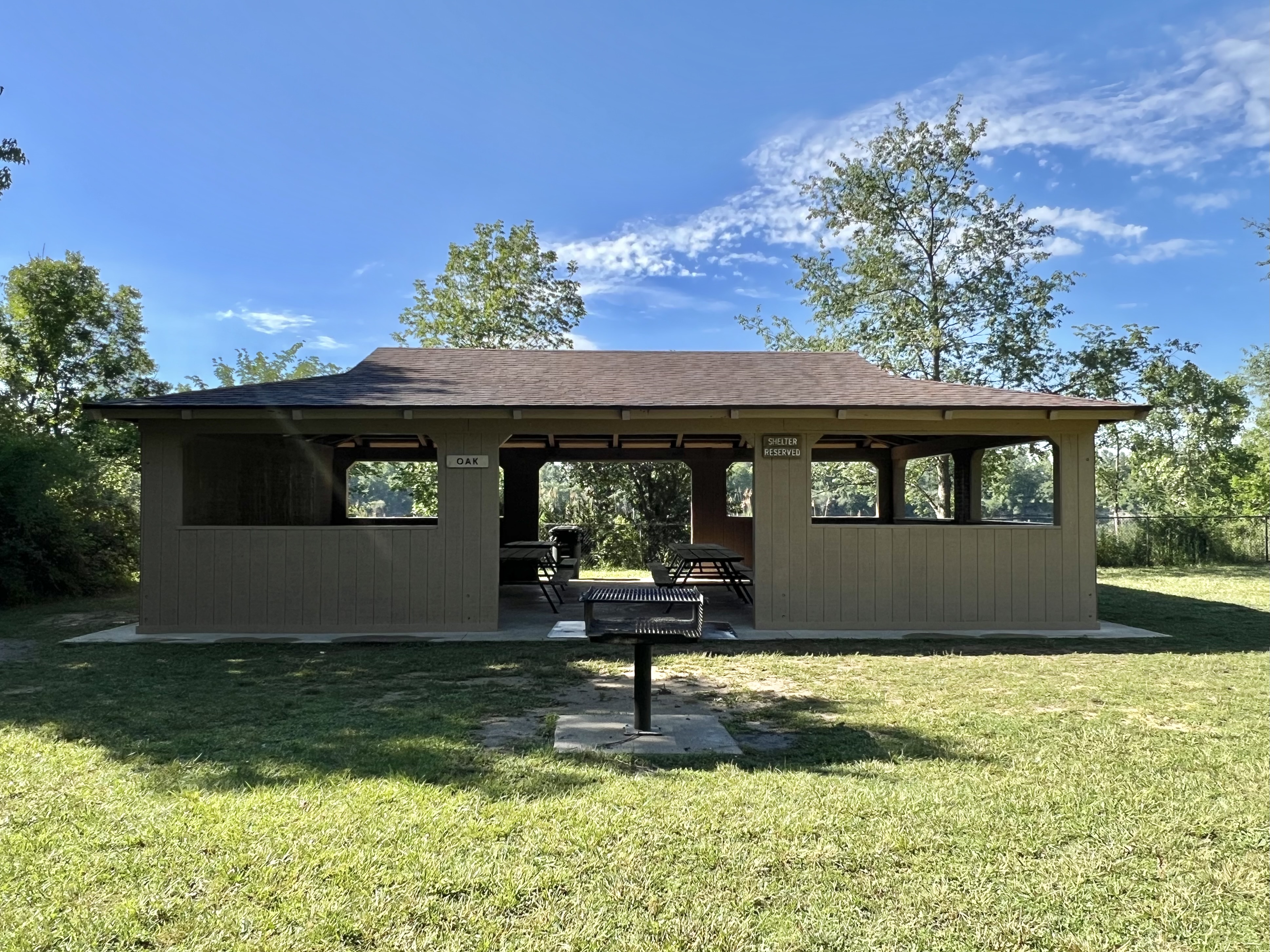 Oak Shelter with picnic tables, grill and lake